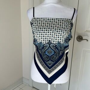 Blue and white silk scarf top. One size fits all.